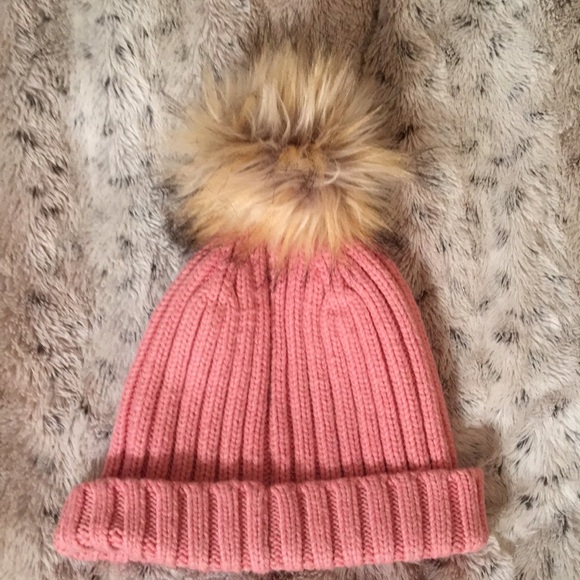 J. Crew Pink and Cream Ribbed Knit Hat with Faux Fur Pom-Pom - Picture 5 of 11